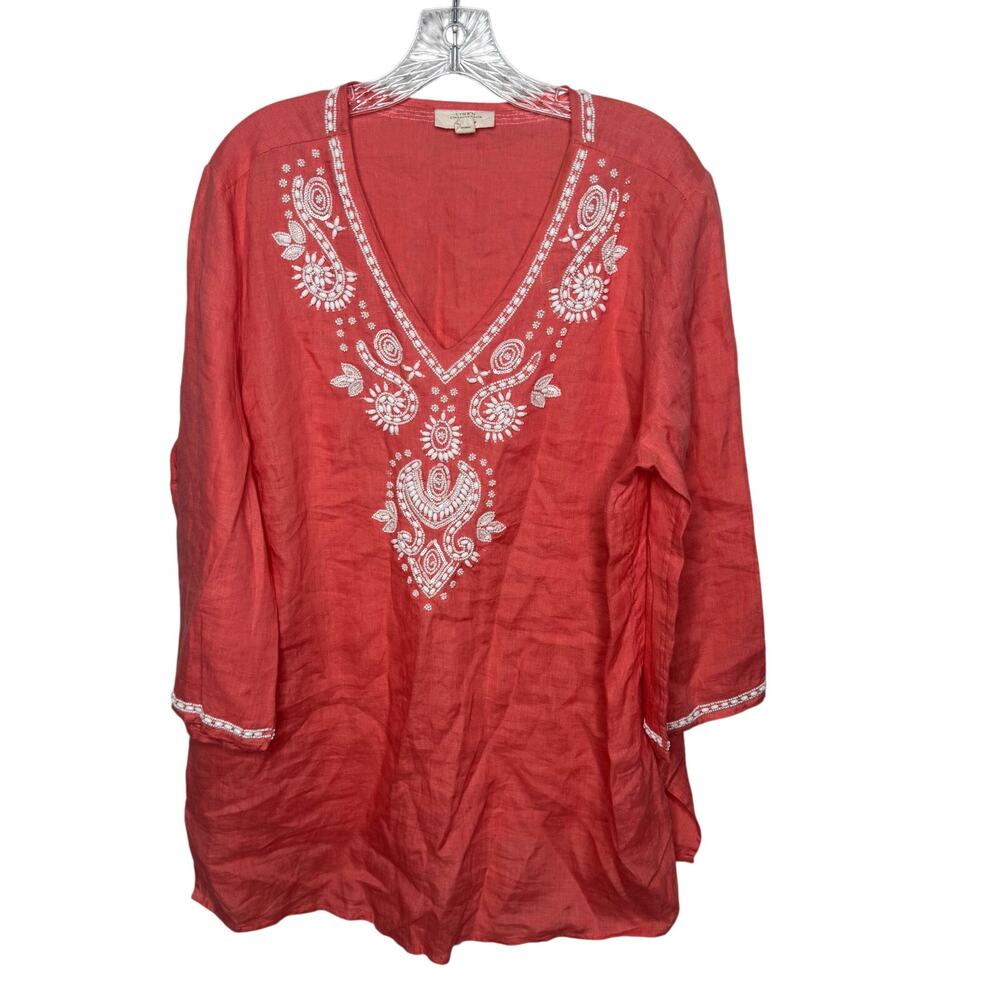 Charter Club Luxury 100% Linen Tunic Top XL Coral Beaded Embroidered Boho Resort
